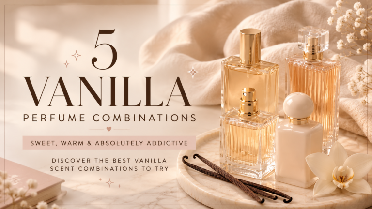 Editorial flat lay of elegant vanilla-inspired perfume bottles with vanilla pods and a creamy orchid for a vanilla perfume combinations guide.