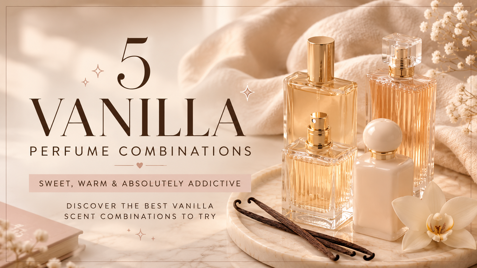 Editorial flat lay of elegant vanilla-inspired perfume bottles with vanilla pods and a creamy orchid for a vanilla perfume combinations guide.