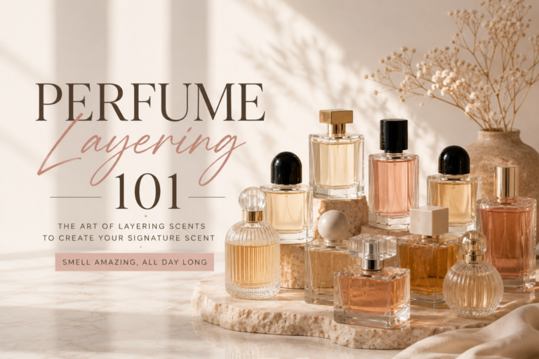 Perfume layering 101 guide with a collection of perfume bottles
