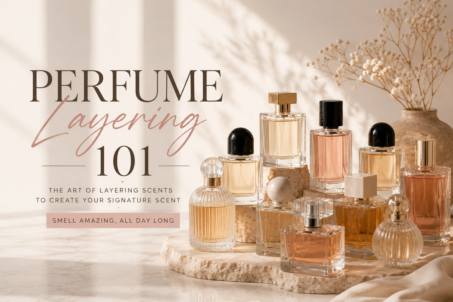 Perfume layering 101 guide with a collection of perfume bottles